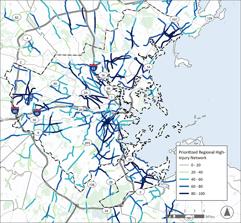 A map of the Inner Core Community (ICC) Subregion, consisting of the inner core around the city of Boston. A Prioritized Regional High Injury Network, consisting of highlighted highest-scoring roadway segments, is overlayed on the map. This area has many high-scoring segments, in the city of Boston, South End/Roxbury, Dorchester, Quincy, Newton, Waltham, Lynn, and segments in Medford and Malden.
